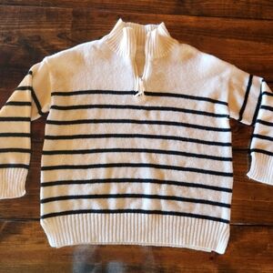 NWOT Boutique Sweater.  Ivory with black Stripes.  1/4 Zip. Size L